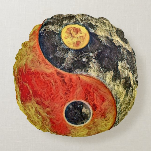 Cojín Redondo Artesano ardiendo de Yin Yang (Anverso)