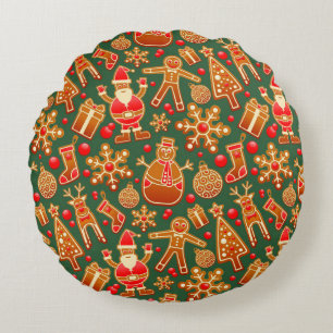 Cojín Redondo Artículos Navideños Divertidos de Galletas en Verd