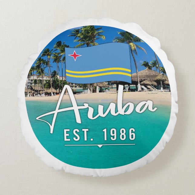 Cojín Redondo "Aruba Este. Playa Con Bandera De 1986" (Anverso)