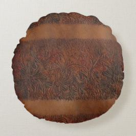 Cojín Redondo Aspecto del cuero de imitación floral Grabado en r