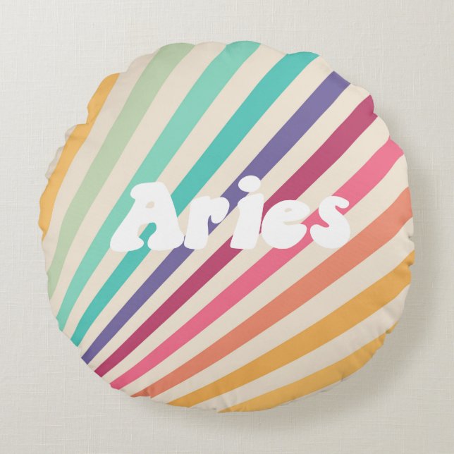 Cojín Redondo Astrología de Aries Retro Arcoiris Zodiac (Anverso)