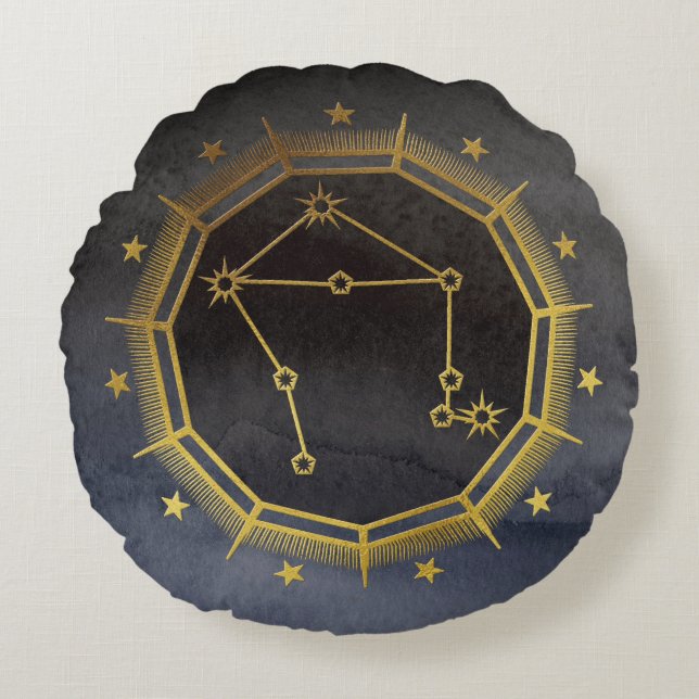 Cojín Redondo Astrología zodiaca oscura: Libra negra y oro (Anverso)