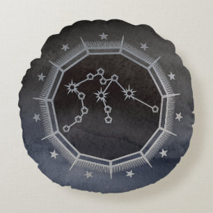 Cojín Redondo Astrología zodiaca oscura: negro acuario y plata