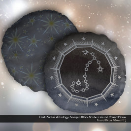Cojín Redondo Astrología zodiaca oscura: negro escorpión y plata