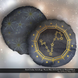 Cojín Redondo Astrología zodiaca oscura: Pisces negro y oro