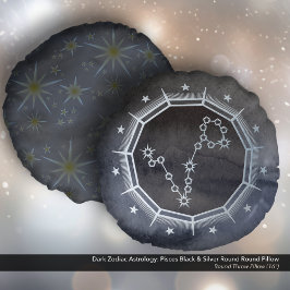 Cojín Redondo Astrología zodiaca oscura: Pisces negro y plateado