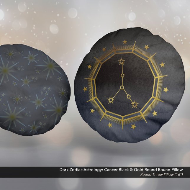Cojín Redondo Astrología zodiaca oscura: Ronda de Cáncer Negro y (Dark Zodiac Astrology: Cancer Black & Gold Round Round Pillow - Size 16")