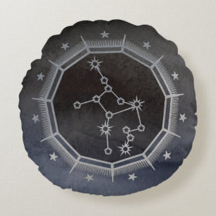Cojín Redondo Astrología zodiaca oscura: Virgo negro y plata