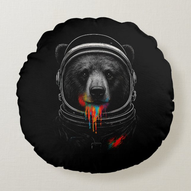 Cojín Redondo Astronaut Bear with Neon Paint Drips Cosmic Animal (Anverso)