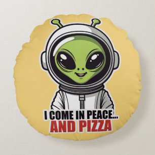 Cojín Redondo Astronauta Alien Adorable "Vengo en Paz y Pizza"