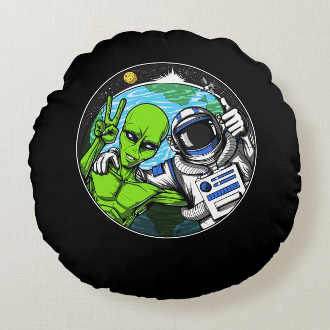 Cojín Redondo Astronauta espacial de señas de paz alienígena (Anverso)