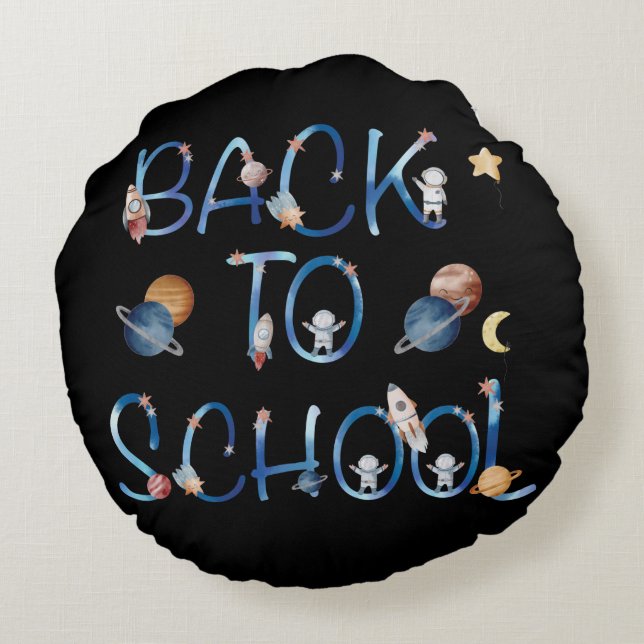 Cojín Redondo Astronautas planean el espacio, de vuelta a la esc (Reverso)