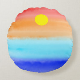 Cojín Redondo Atardecer sobre la acuarela oceánica Resumen arte