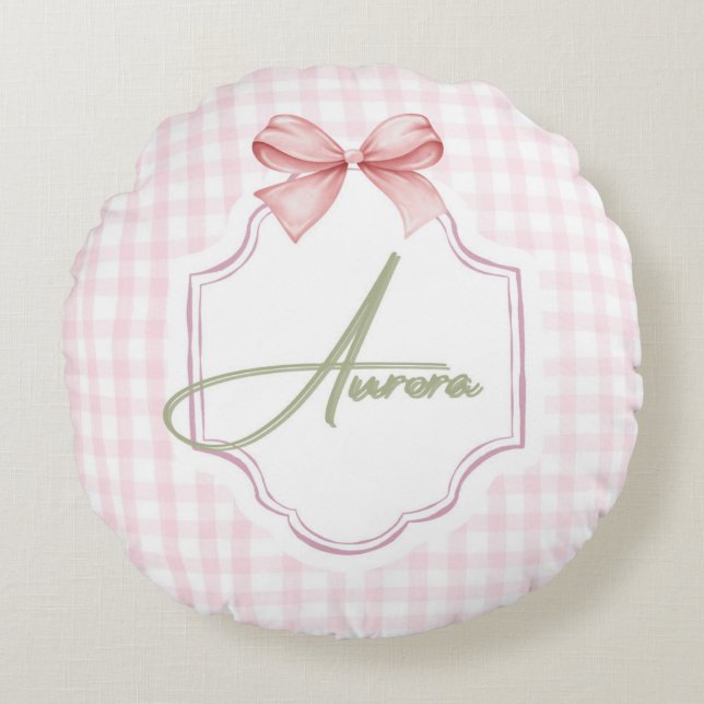 Cojín Redondo Aurora Impresión personalizada de Bow rosa y Gingh (Anverso)