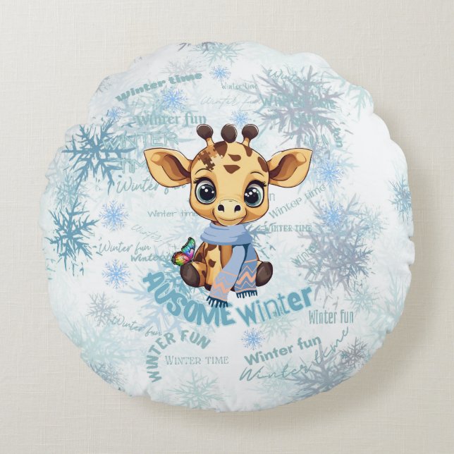 Cojín Redondo AUsome Winter Giraffe – Cute Autism Awareness Snow (Anverso)