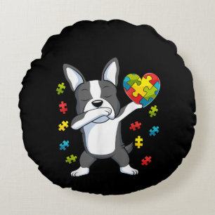 Cojín Redondo Autista Dabbing Boston Terrier Puzzle Piece Heart