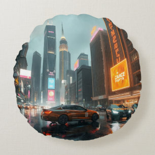 Cojín Redondo Autos de la ciudad de Cyberpunk Skyscrapper