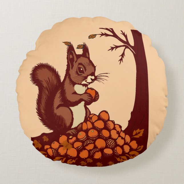 Cojín Redondo 🐿️ Autumn Squirrel Round Pillow - Peach (Anverso)