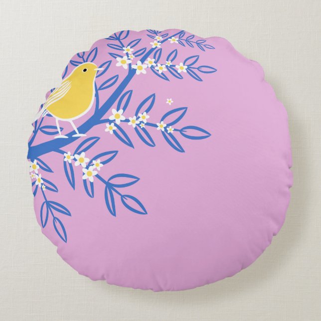 Cojín Redondo Ave amarilla ilustrada en un fondo rosado (Anverso)