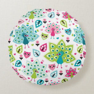 Cojín Redondo ave de pavo real y búho