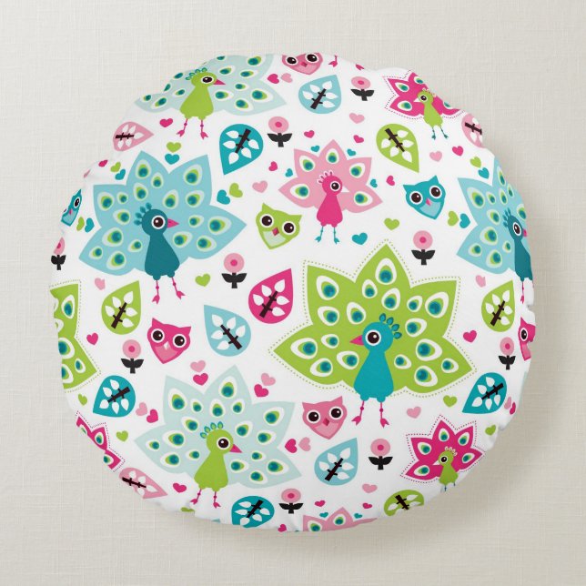 Cojín Redondo ave de pavo real y búho (Anverso)