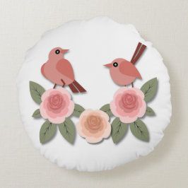 Cojín Redondo Aves amorosas rosas y Rosas floridos