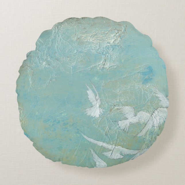 Cojín Redondo Aves blancas volando por el cielo azul (Anverso)