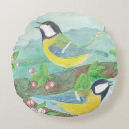 Cojín Redondo Aves cantando en una rama de árbol floreciente