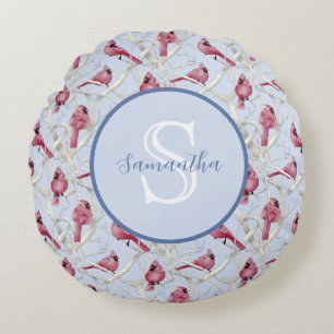 Cojín Redondo Aves cardinales de color azul gris monograma perso