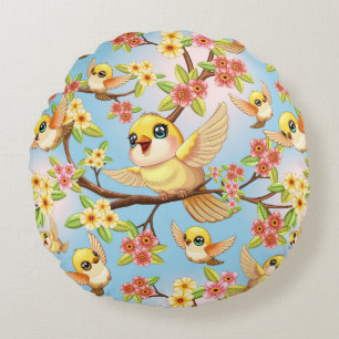 Cojín Redondo Aves cortas y felices entre las flores de primaver