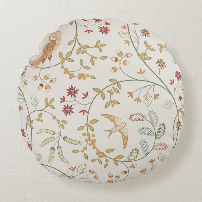 Cojín Redondo Aves de cosecha virgen en folios con flores sin so (Anverso)