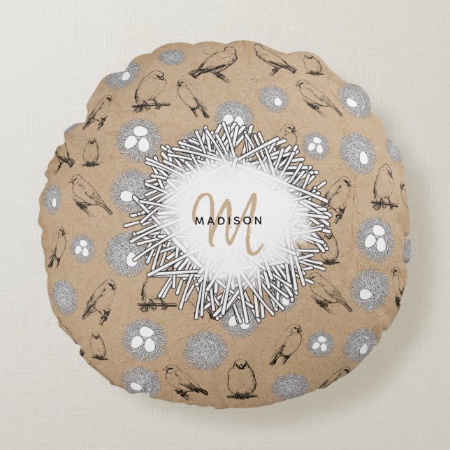 Cojín Redondo Aves de época y Nest Rustic Kraft Brown (Anverso)