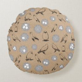 Cojín Redondo Aves de época y Nest Rustic Kraft Brown