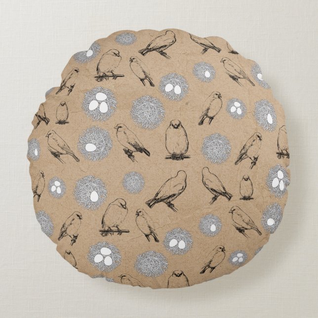 Cojín Redondo Aves de época y Nest Rustic Kraft Brown (Anverso)