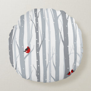 Cojín Redondo Aves de invierno: Árboles grises, aves rojas