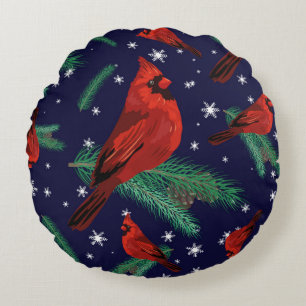 Cojín Redondo Aves de invierno - cardenales sobre ramas de abeto
