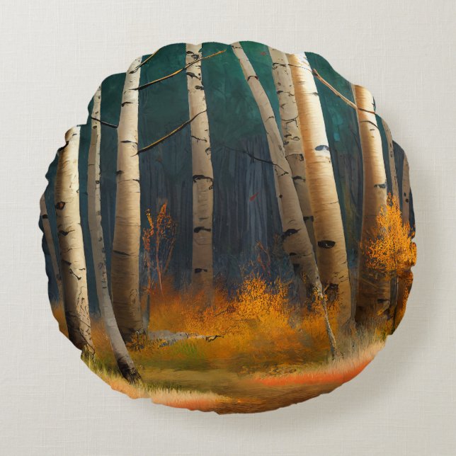 Cojín Redondo Aves de otoño con hojas de otoño (Anverso)