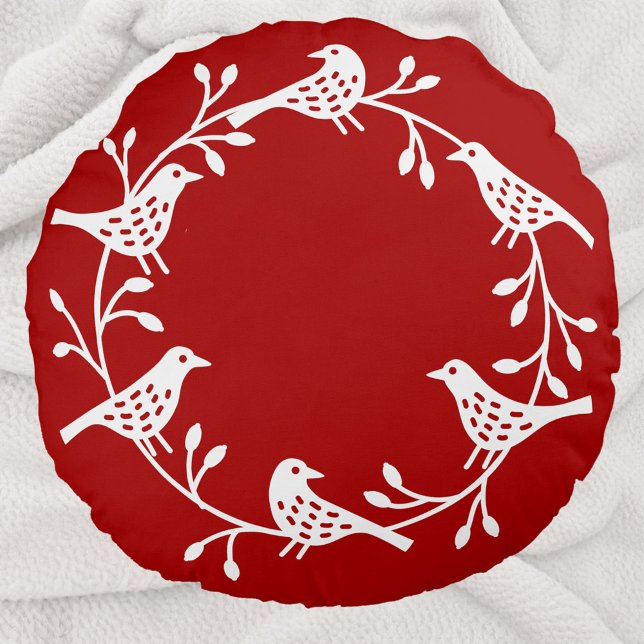 Cojín Redondo Aves escandinavas con rosehips de corona (Red and white Scandinavian bird wreath festive round pillow)