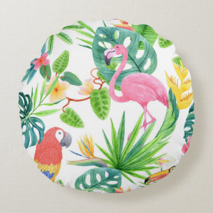 Cojín Redondo Aves exóticas, acuarela de selva tropical sin cost