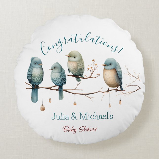 Cojín Redondo Aves extravagantes en las ramas Pastel Baby Shower (Anverso)