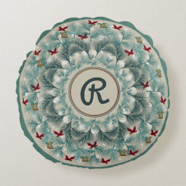 Cojín Redondo Aves rojas y pino agudo personalizado