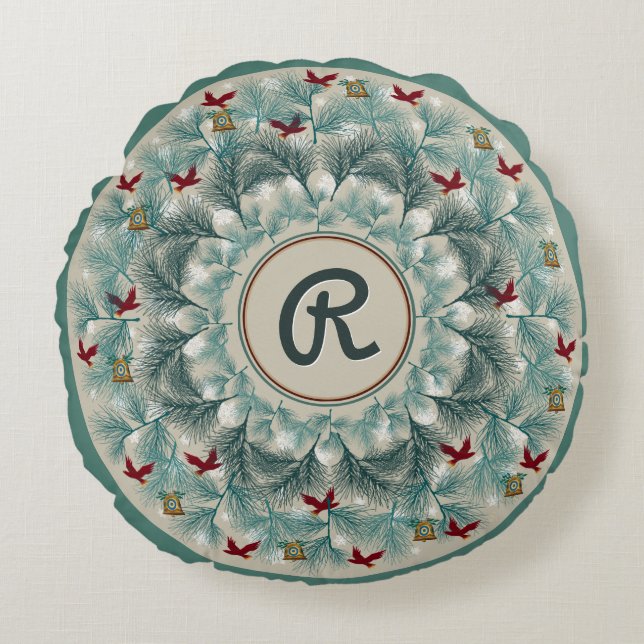 Cojín Redondo Aves rojas y pino agudo personalizado (Anverso)