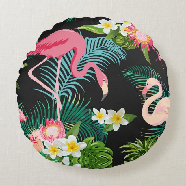 Cojín Redondo Aves Tropicales Flores Paisaje del Agua Flamingo (Anverso)