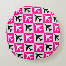 Cojín Redondo Avión de aviones de aviación rosados geométricos