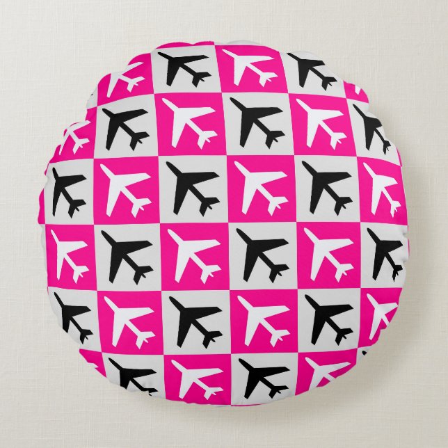 Cojín Redondo Avión de aviones de aviación rosados geométricos (Anverso)