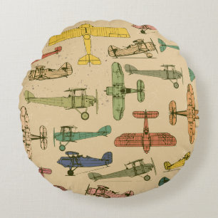 Cojín Redondo Aviones retro: Patrón de cosecha craqueada.