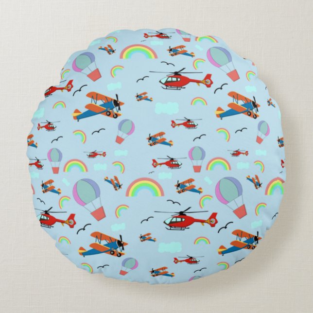 Cojín Redondo Aviones y Rainbows Blue (Anverso)