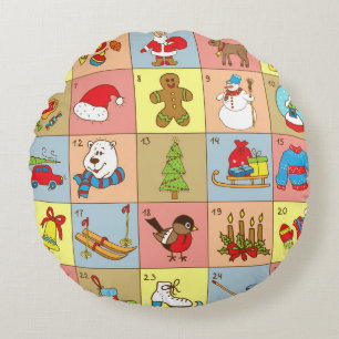 Cojín Redondo Aviso de navidades: Colección de elementos Doodle