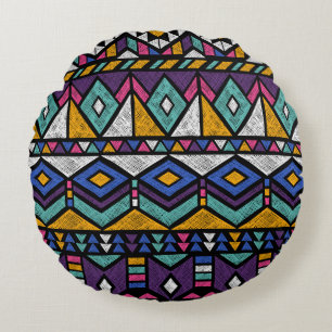 Cojín Redondo Azteca geométrica tribal: patrón de venado colorid
