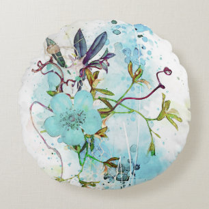 Cojín Redondo Azul acuarela Pastel Floral